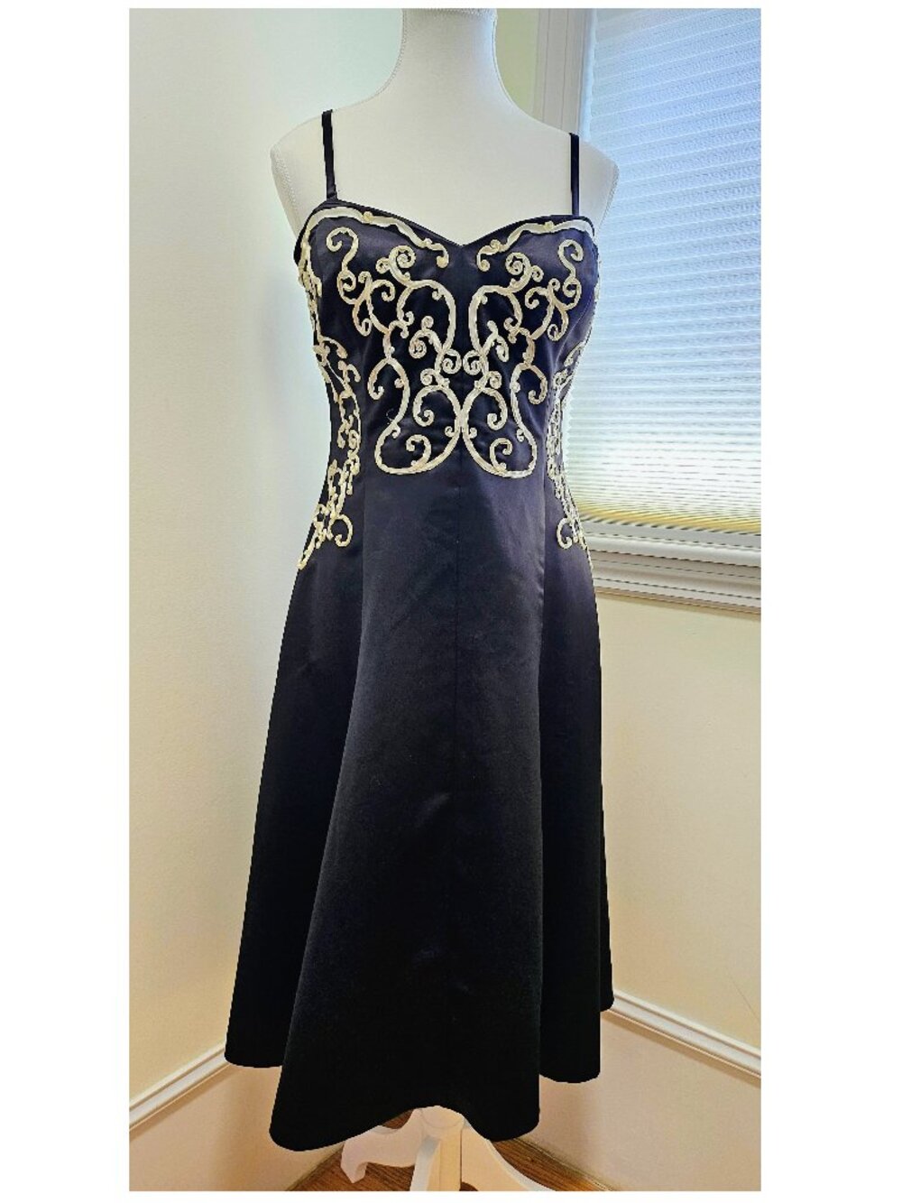 White House Black Market Ribbon Applique Black Satin Midi Dress
